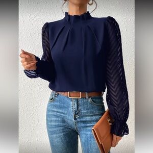 SHEIN Navy Blouse with Sheer Sleeves